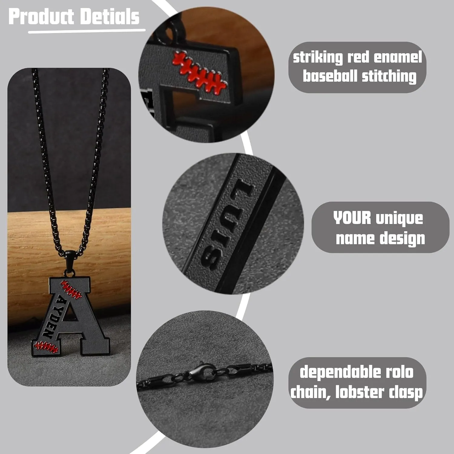 Ldurian Personalized Baseball Name Necklace, Stainless Steel Black Chain Sports Initial Name Necklaces, A-Z Letter 24inches Baseball Gifts for Men