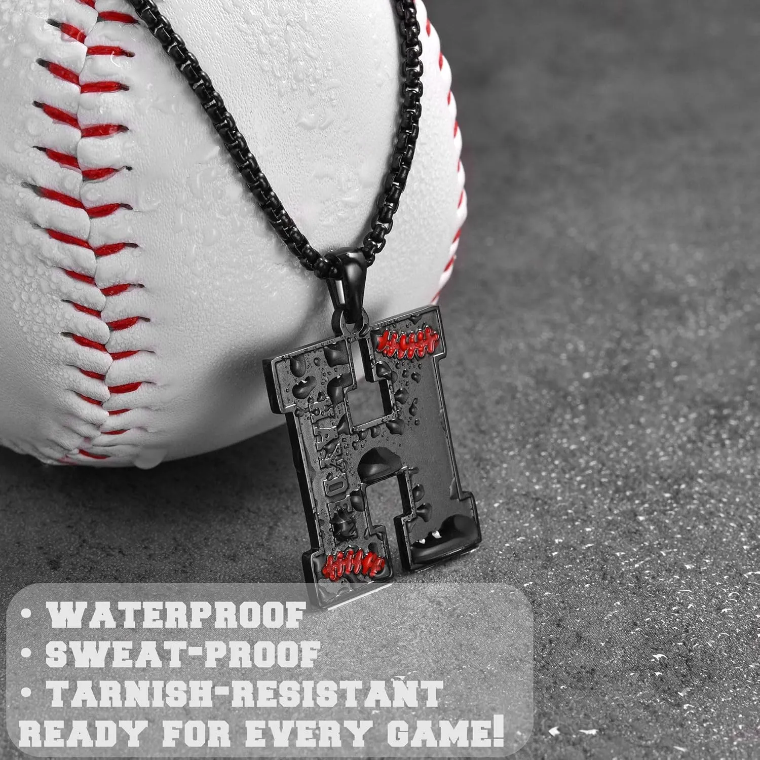 Ldurian Personalized Baseball Name Necklace, Stainless Steel Black Chain Sports Initial Name Necklaces, A-Z Letter 24inches Baseball Gifts for Men