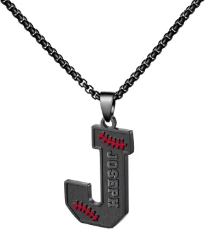 Ldurian Personalized Baseball Name Necklace, Stainless Steel Black Chain Sports Initial Name Necklaces, A-Z Letter 24inches Baseball Gifts for Men