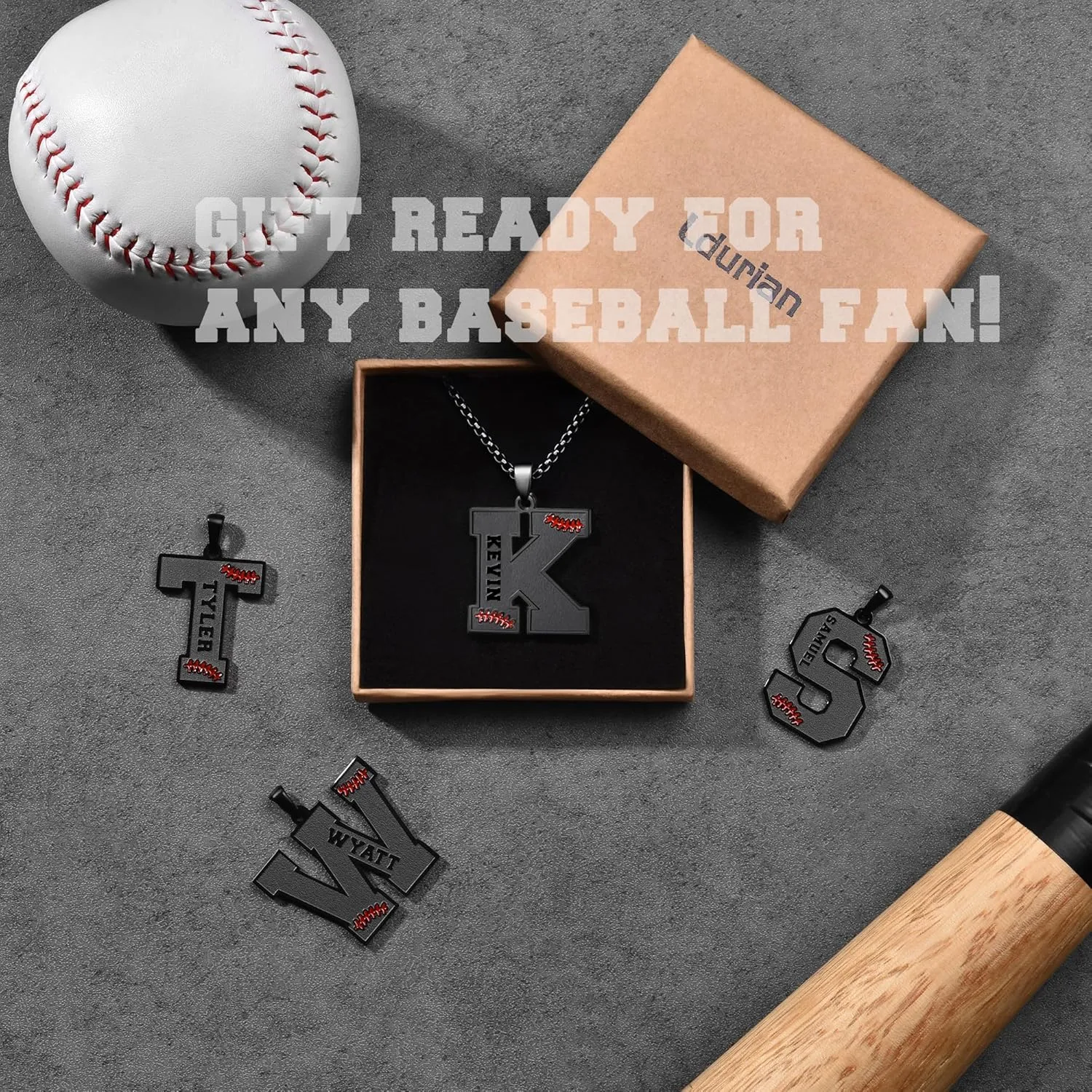 Ldurian Personalized Baseball Name Necklace, Stainless Steel Black Chain Sports Initial Name Necklaces, A-Z Letter 24inches Baseball Gifts for Men