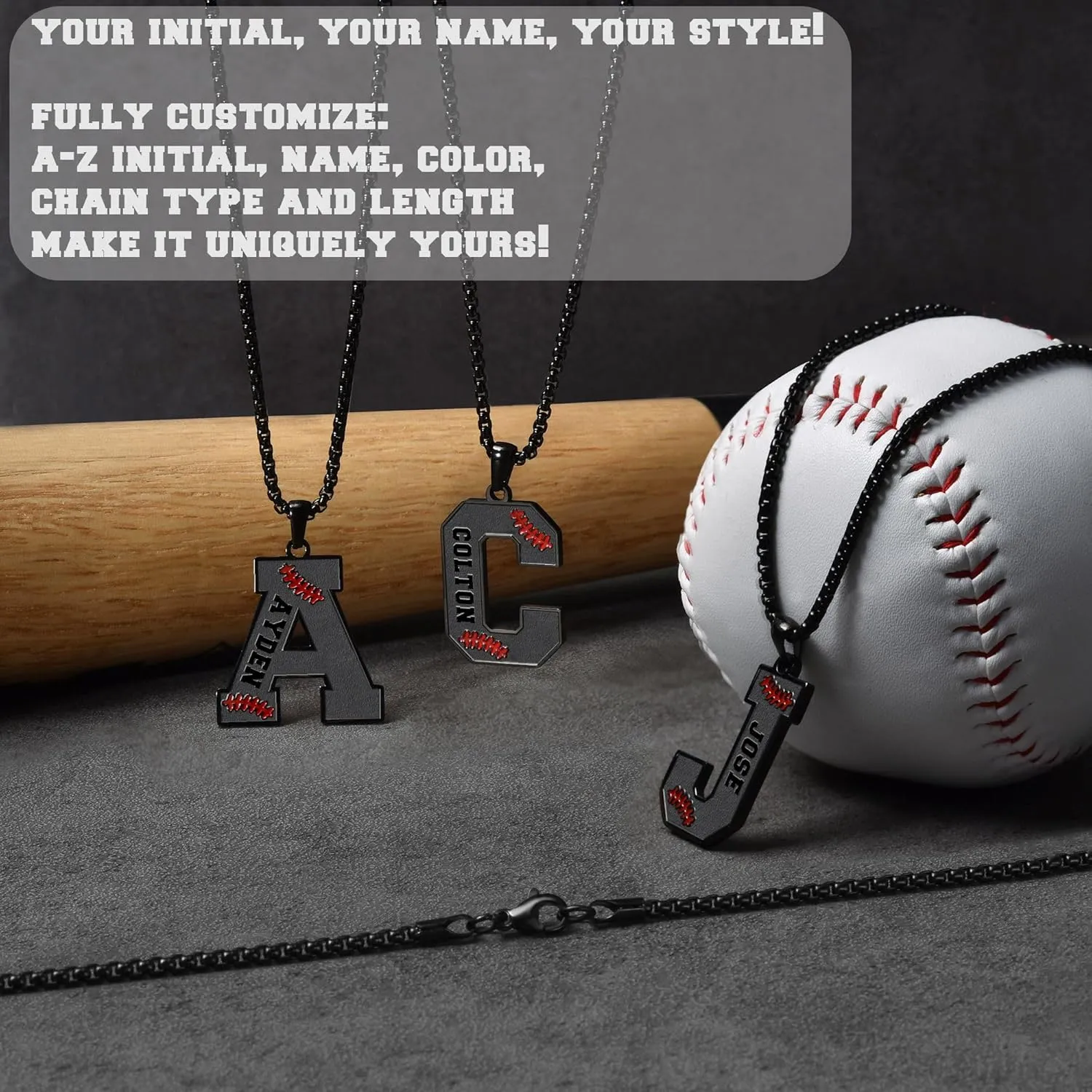 Ldurian Personalized Baseball Name Necklace, Stainless Steel Black Chain Sports Initial Name Necklaces, A-Z Letter 24inches Baseball Gifts for Men