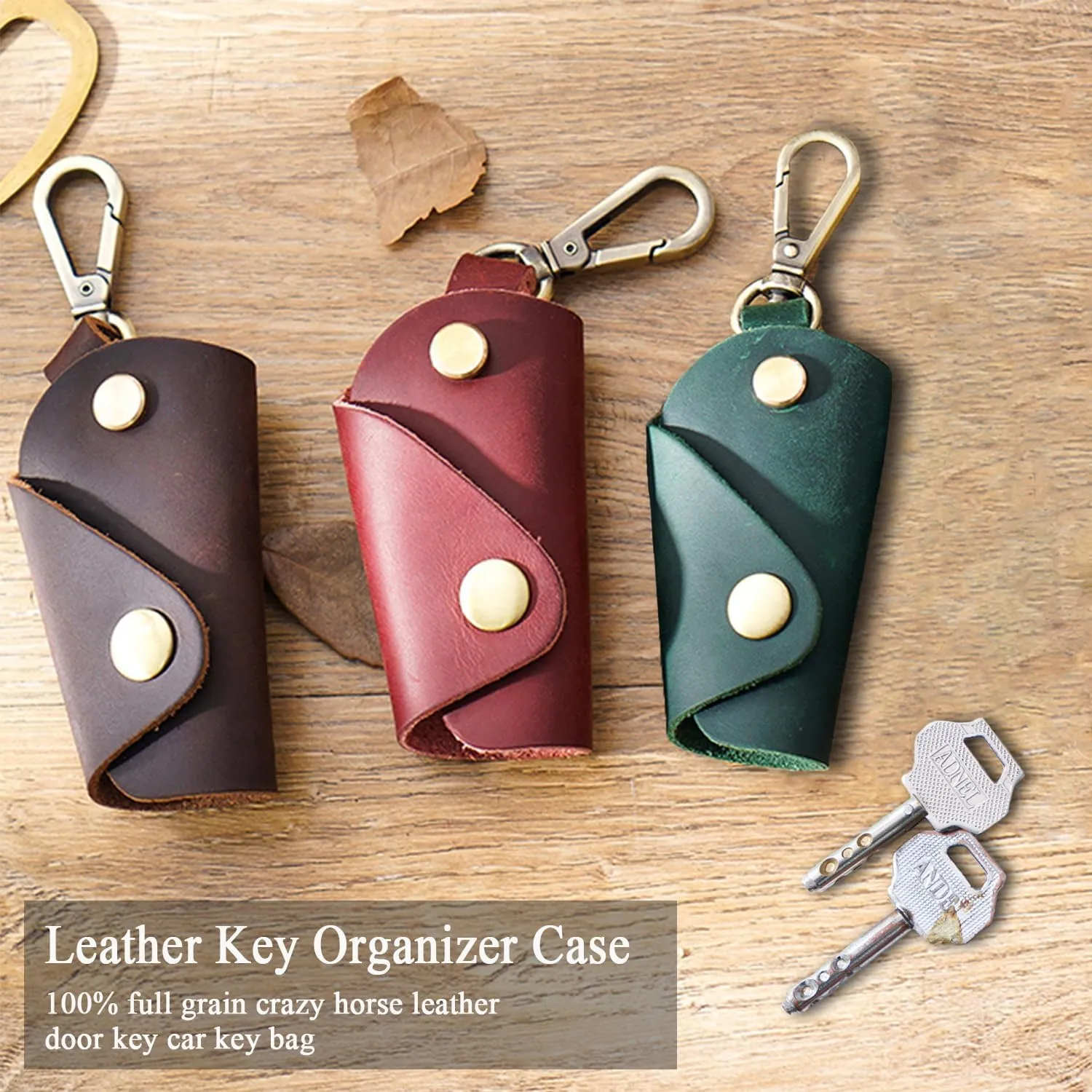 Leather Key Organizer Holder with Keychain, Car Key Cover, Snaps, Compact, Stylish Pouch