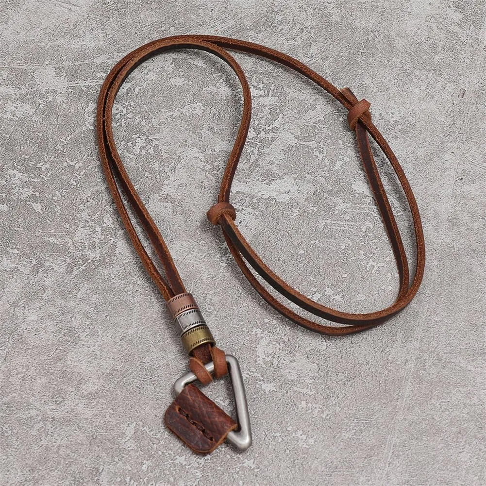 Leather Necklace with Stainless Steel Pendant for Men Women, Vintage Hemp Rope Tribal Choker Necklaces Adjustable 18-30 inch, Clasp-Free Long Necklace with Pendant