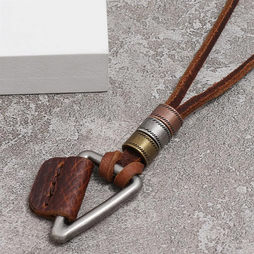 Leather Necklace with Stainless Steel Pendant for Men Women, Vintage Hemp Rope Tribal Choker Necklaces Adjustable 18-30 inch, Clasp-Free Long Necklace with Pendant