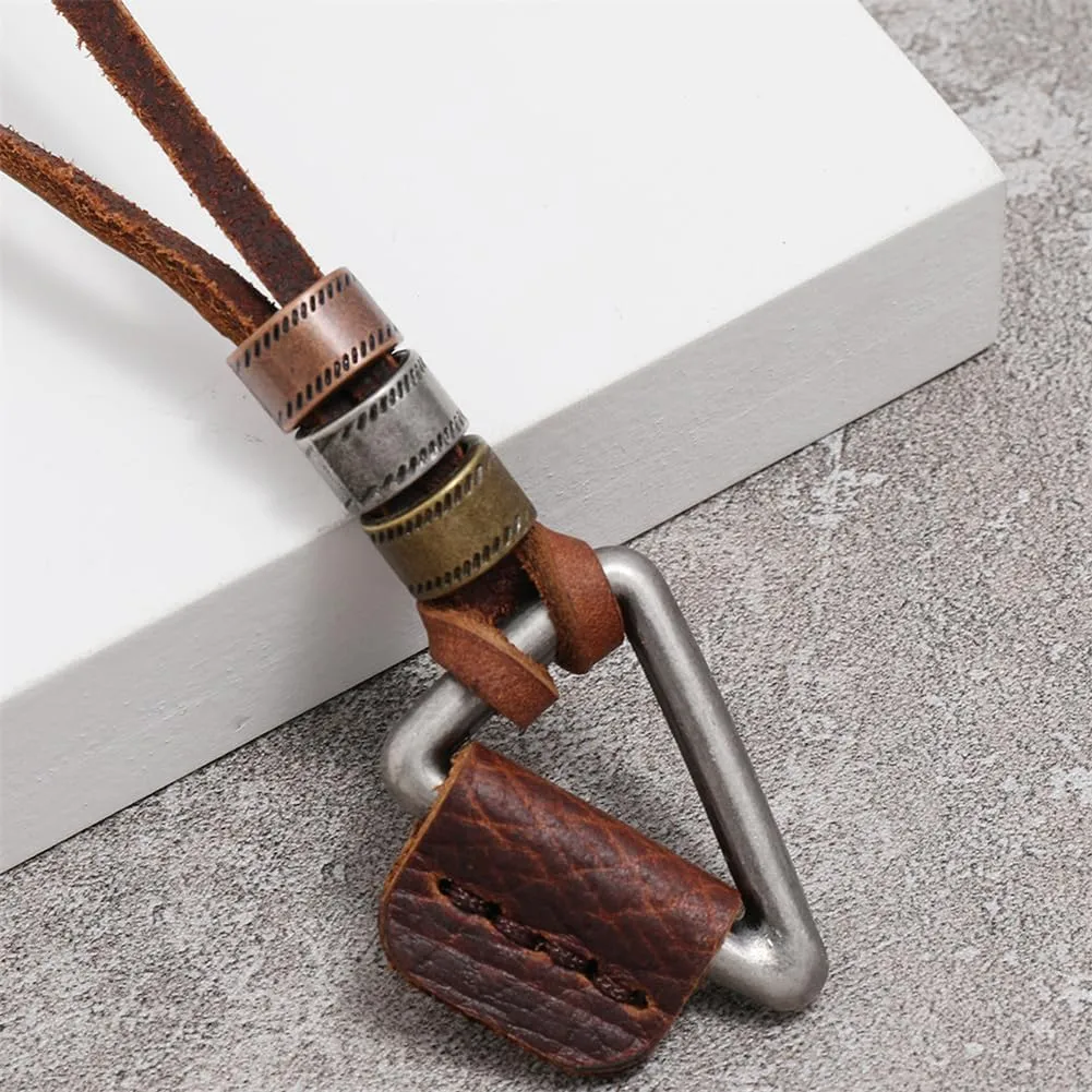 Leather Necklace with Stainless Steel Pendant for Men Women, Vintage Hemp Rope Tribal Choker Necklaces Adjustable 18-30 inch, Clasp-Free Long Necklace with Pendant