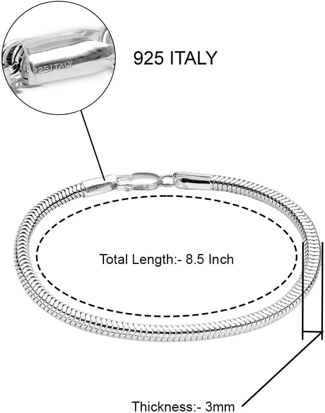 LeCalla Solid 925 Sterling Silver Italian 3MM Snake Chain Bracelet for Men Women, Charm Bracelets (6.5, 7, 7.5, 8, 8.5, 9 Inches), Made in Italy