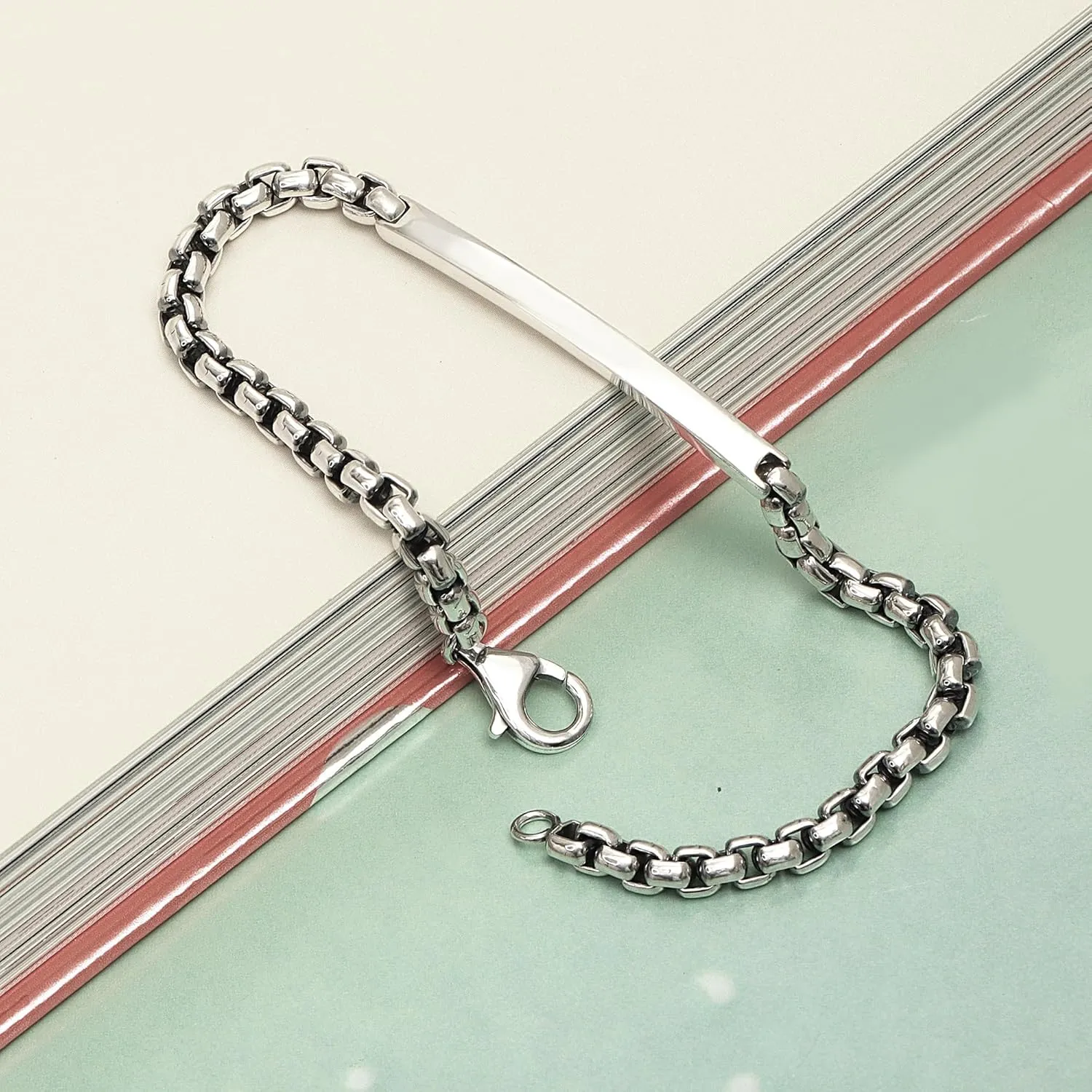 LeCalla Solid 925 Sterling Silver Men's Box Chain ID Bracelet | Classic Italian Round Box Chain ID Bracelet for Men | Men's Silver Jewelry Bracelet, (7.5, 8, 8.5, 9 Inches) Made in Italy