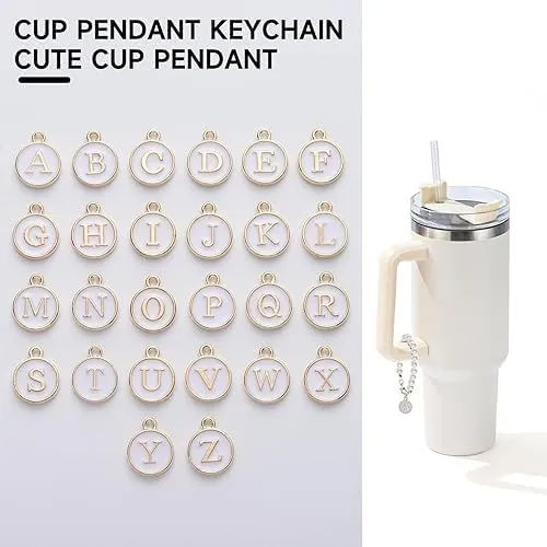 Letter Charm Accessories for Stanley-Cup Initial Name ID Personalized Handle for Stanley-Tumbler White Pearl Chain, Simple Modern Personalized Name ID Decorations (S)