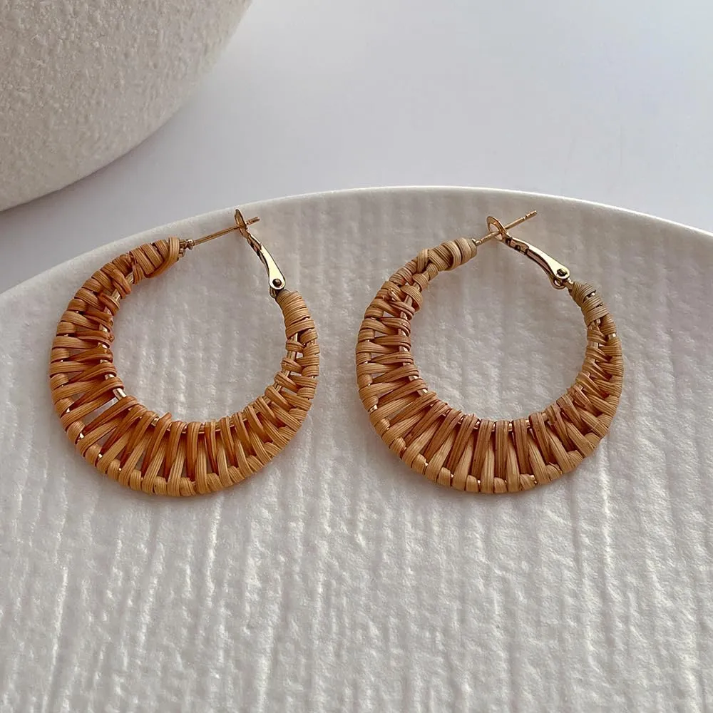 Lightweight Geometric Rattan Earrings for Women Handmade Braid Woven Raffia Straw Wicker Hoop Statement Earrings Summer Jewelry