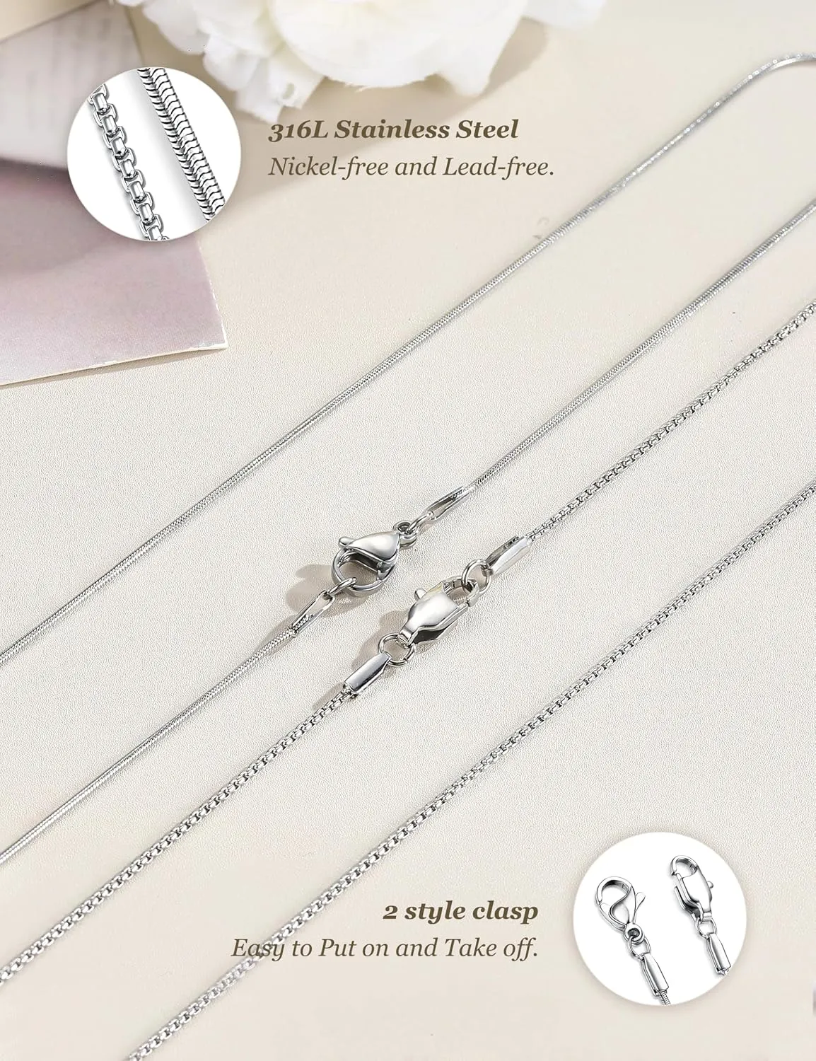 LOLIAS 2Pcs Stainless Steel Chain Necklace for Women - 1mm Thin & Strong Silver Chain Necklace - Hypoallergenic Snake Box Necklace, 16 18 20 22 24 28 30 Inch