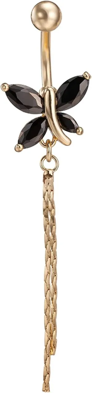 Long Belly Button Rings Stainless Steel Navel Rings for Women 14G,Butterfly with Cubic Zirconia and Chain Belly Rings for Women Black
