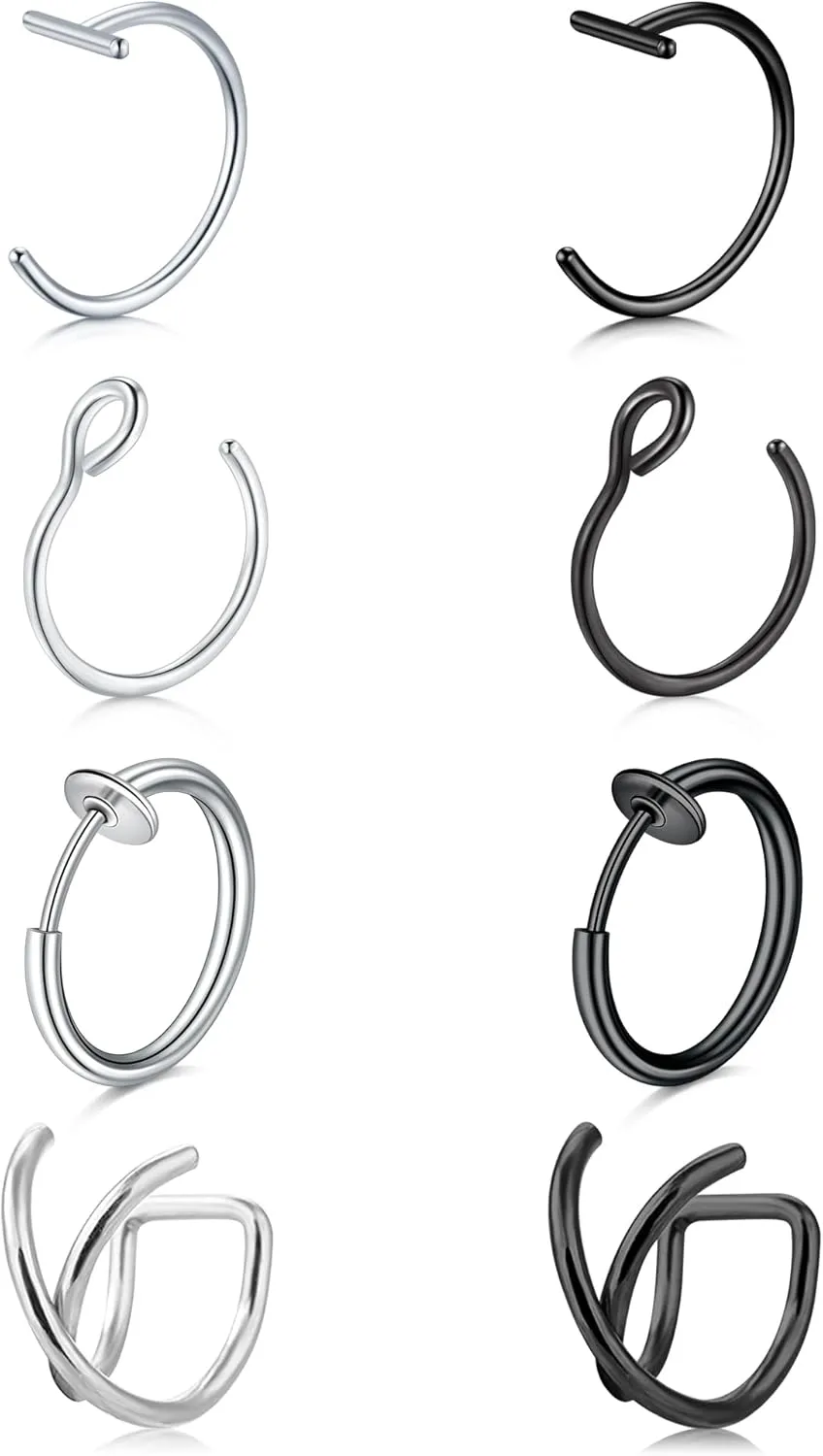 Longita Fake Nose Ring Fake Lip Piercing Non Piercing Lip Ring Hoop Stick on Snake Bites Faux Eyebrow Piercings Clip on Earring Cuffs Small Earring Hoop no Pierced