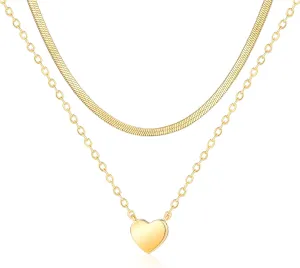 Lourny Gold Layered Necklace for Women, 18K Gold Plated CZ Pendant Necklace Trendy Dainty Snake Chain Necklace Crystal Heart Cross Necklace Jewelry Gifts for Women Trendy