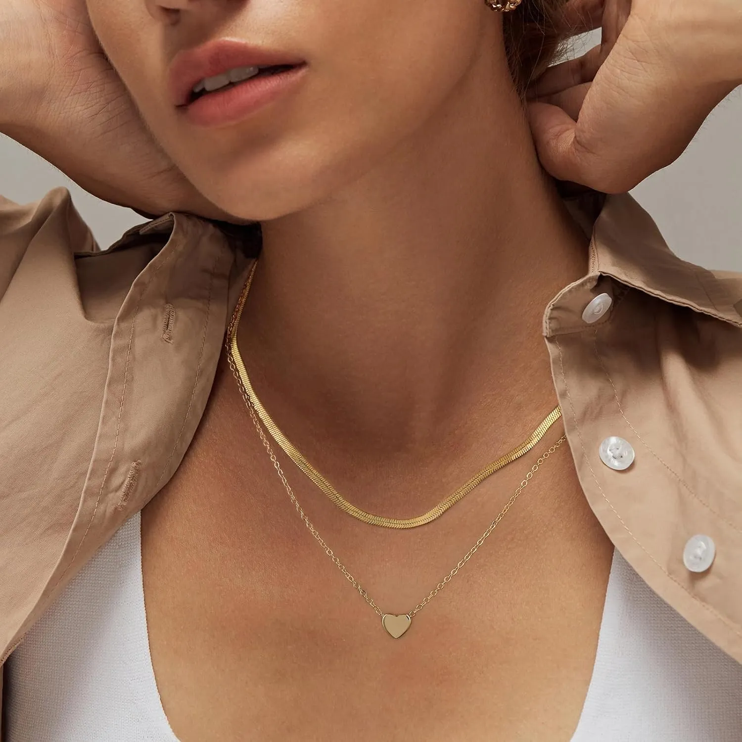 Lourny Gold Layered Necklace for Women, 18K Gold Plated CZ Pendant Necklace Trendy Dainty Snake Chain Necklace Crystal Heart Cross Necklace Jewelry Gifts for Women Trendy