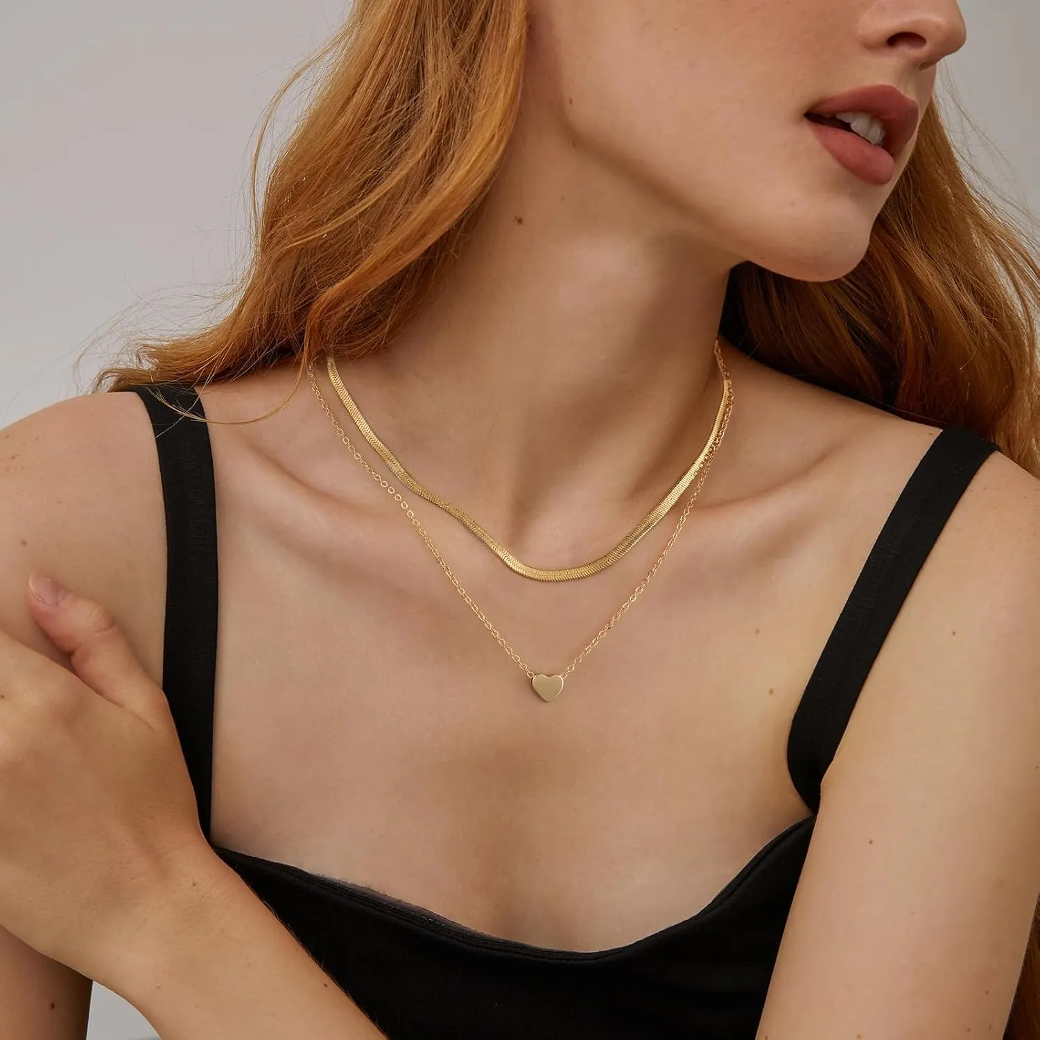 Lourny Gold Layered Necklace for Women, 18K Gold Plated CZ Pendant Necklace Trendy Dainty Snake Chain Necklace Crystal Heart Cross Necklace Jewelry Gifts for Women Trendy