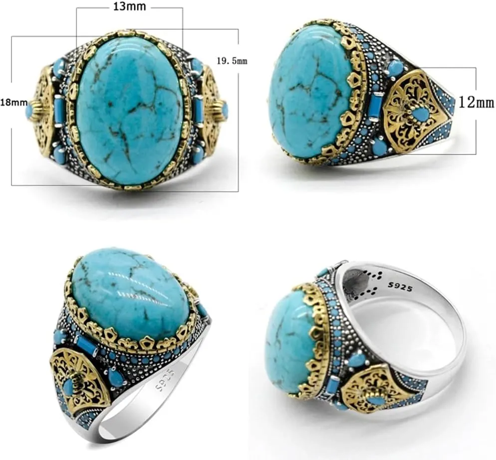 LovePlus Vintage Men's Turquoise Ring -925 Sterling Silver Vintage Turquoise Wedding Jewelry Ring - Turkiye Style