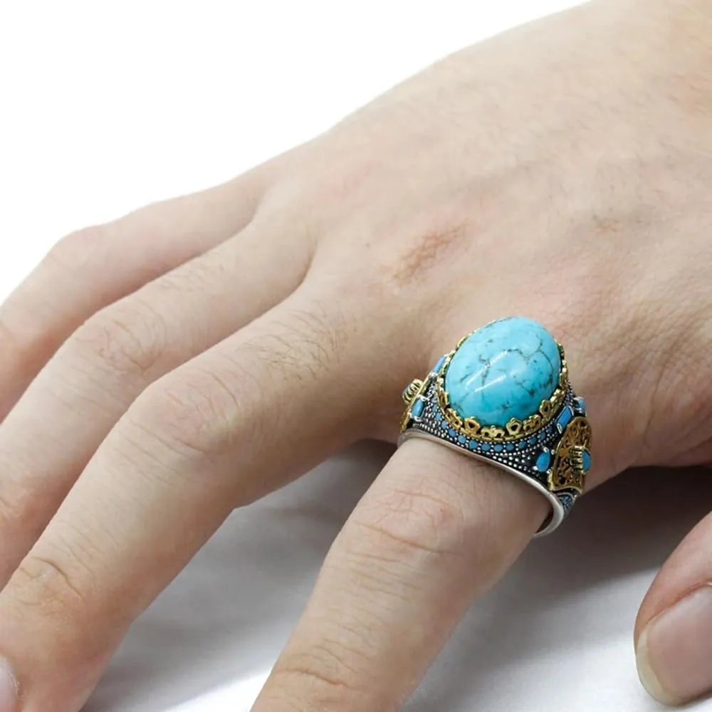 LovePlus Vintage Men's Turquoise Ring -925 Sterling Silver Vintage Turquoise Wedding Jewelry Ring - Turkiye Style
