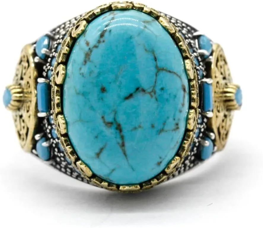 LovePlus Vintage Men's Turquoise Ring -925 Sterling Silver Vintage Turquoise Wedding Jewelry Ring - Turkiye Style