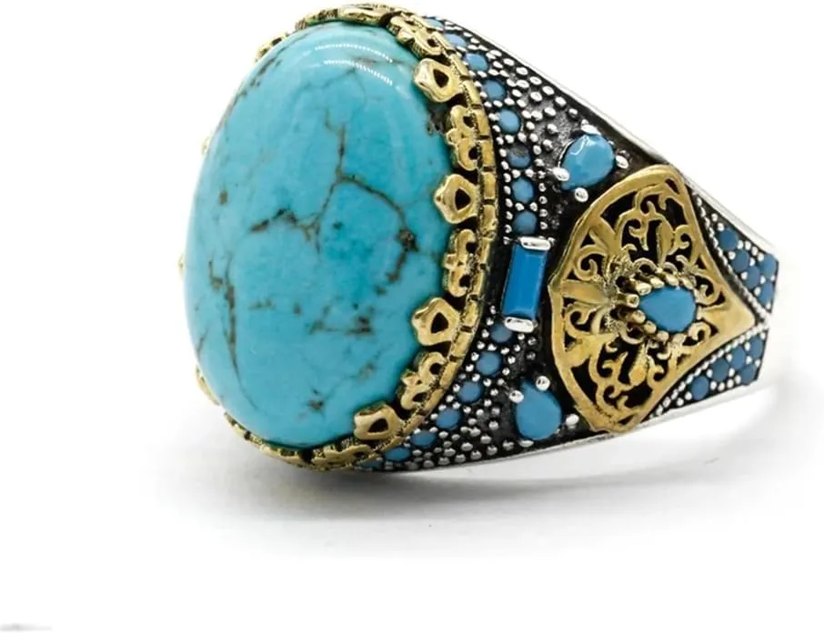 LovePlus Vintage Men's Turquoise Ring -925 Sterling Silver Vintage Turquoise Wedding Jewelry Ring - Turkiye Style