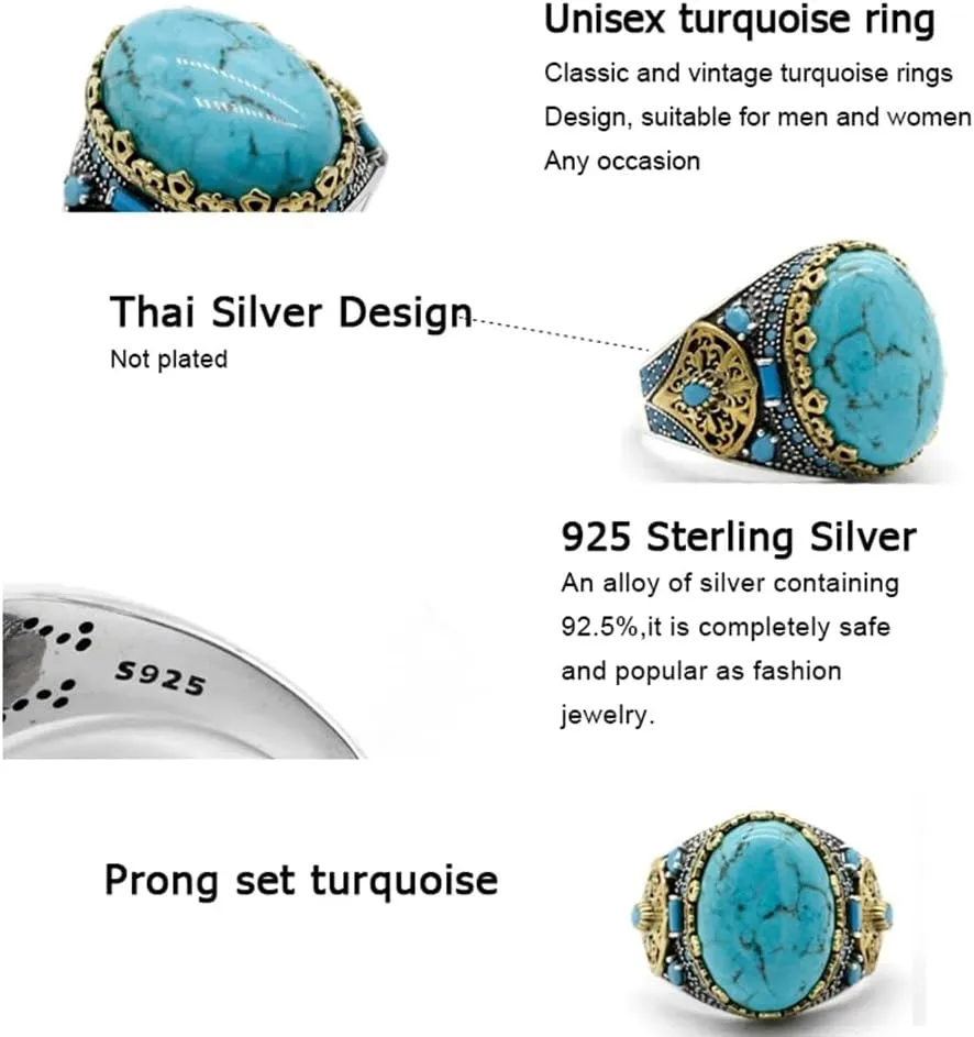 LovePlus Vintage Men's Turquoise Ring -925 Sterling Silver Vintage Turquoise Wedding Jewelry Ring - Turkiye Style
