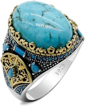 LovePlus Vintage Men's Turquoise Ring -925 Sterling Silver Vintage Turquoise Wedding Jewelry Ring - Turkiye Style
