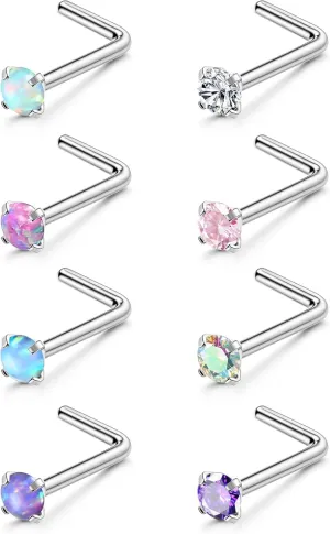 LOYALLOOK 8PCS Nose Rings Studs Titanium Nose Rings CZ Opal L Shaped Screw Studs Rings for Women Nose Screw Studs 18G/20G Samll Nose Stud Corkscrew Nose Rings Piercing Jewelry, 2mm