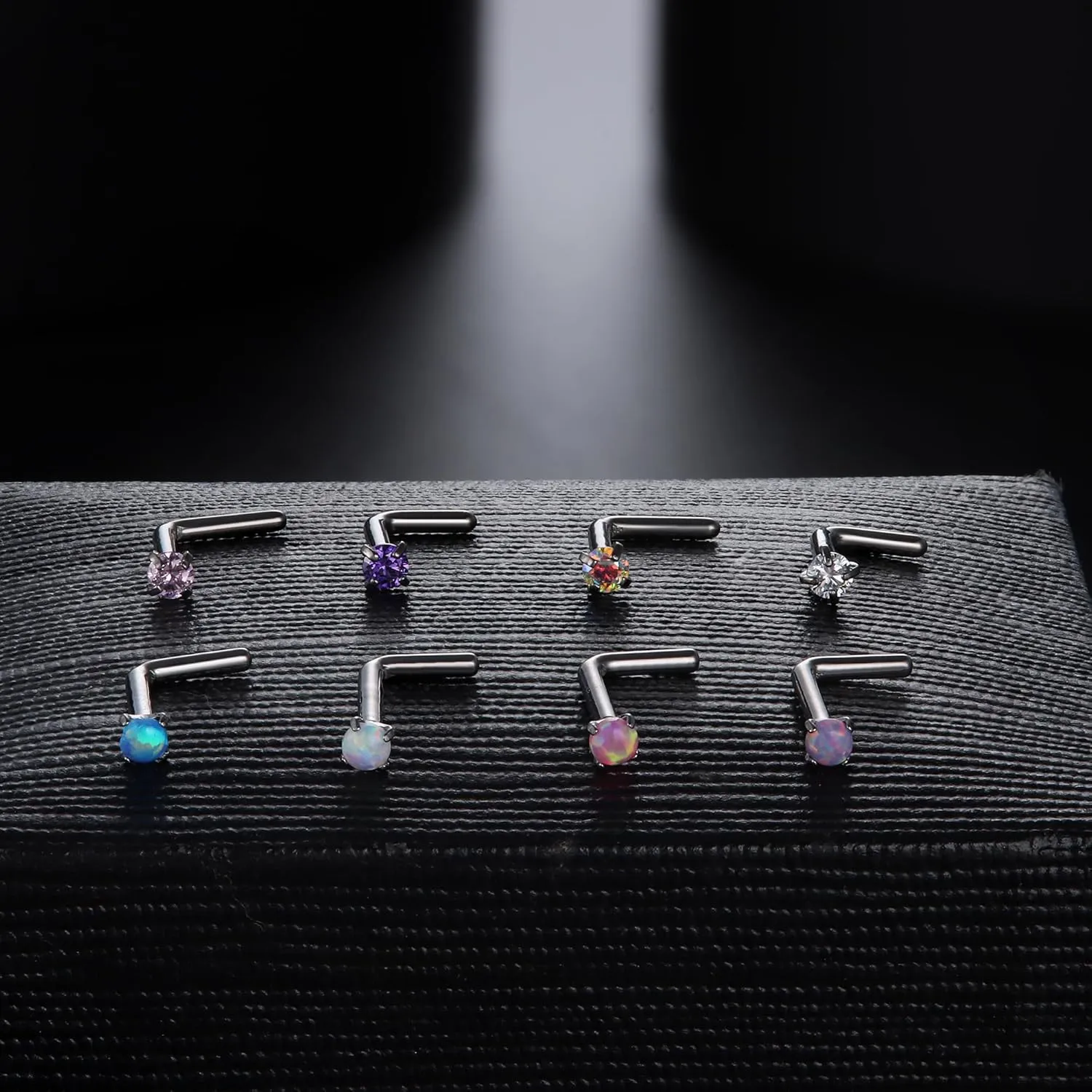 LOYALLOOK 8PCS Nose Rings Studs Titanium Nose Rings CZ Opal L Shaped Screw Studs Rings for Women Nose Screw Studs 18G/20G Samll Nose Stud Corkscrew Nose Rings Piercing Jewelry, 2mm