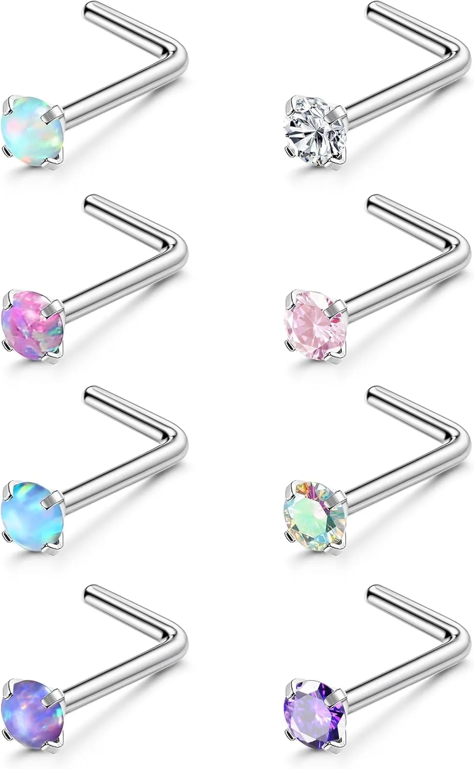 LOYALLOOK 8PCS Nose Rings Studs Titanium Nose Rings CZ Opal L Shaped Screw Studs Rings for Women Nose Screw Studs 18G/20G Samll Nose Stud Corkscrew Nose Rings Piercing Jewelry, 2mm