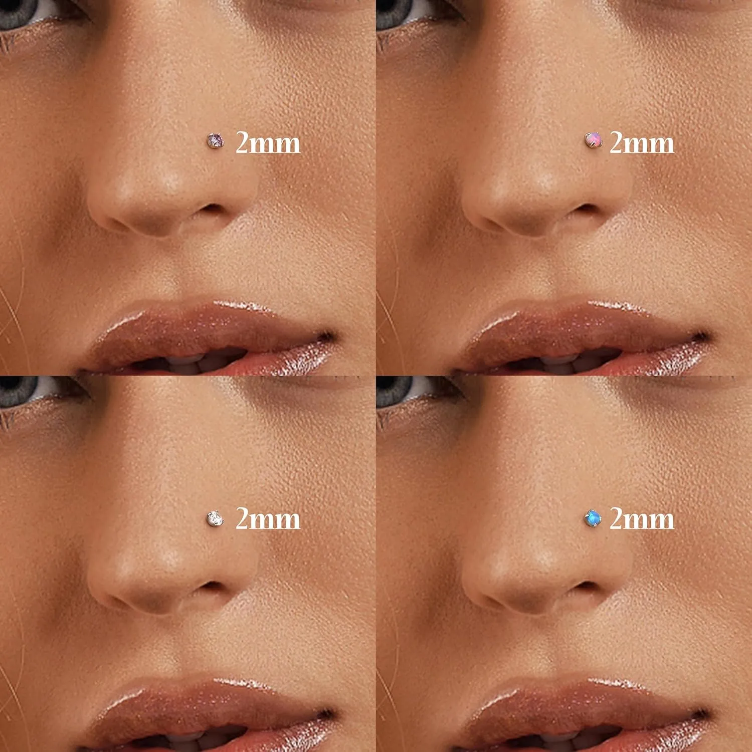 LOYALLOOK 8PCS Nose Rings Studs Titanium Nose Rings CZ Opal L Shaped Screw Studs Rings for Women Nose Screw Studs 18G/20G Samll Nose Stud Corkscrew Nose Rings Piercing Jewelry, 2mm