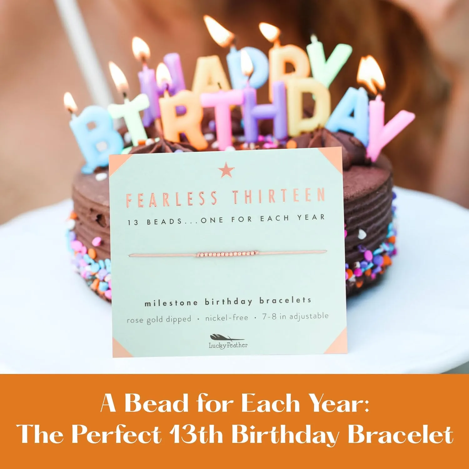 Lucky Feather 13 year old girl gifts; 13th Birthday Bracelet with 13 Dainty 14K Gold Dipped Beads on Adjustable Cord; Bat mitzvah cards for girls