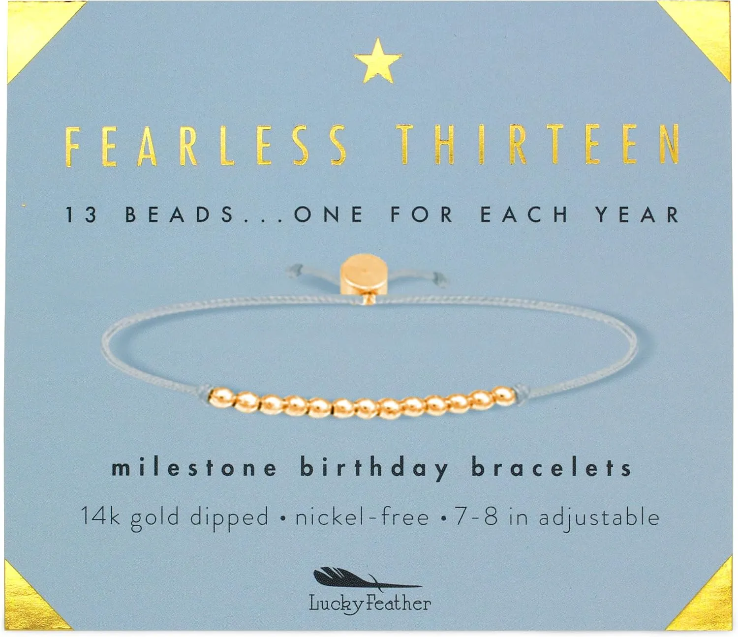 Lucky Feather 13 year old girl gifts; 13th Birthday Bracelet with 13 Dainty 14K Gold Dipped Beads on Adjustable Cord; Bat mitzvah cards for girls