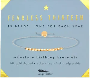 Lucky Feather 13 year old girl gifts; 13th Birthday Bracelet with 13 Dainty 14K Gold Dipped Beads on Adjustable Cord; Bat mitzvah cards for girls