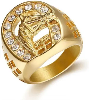 Lucky U-shape Horseshoe Ring for Men,Cubic Zirconia Horse Ring,Unique Cowboy Stainless Steel Gold Plated Ring Biker Vintage Simple Top Ring,Grunge Rocker Fashion Equestrian Jewelry