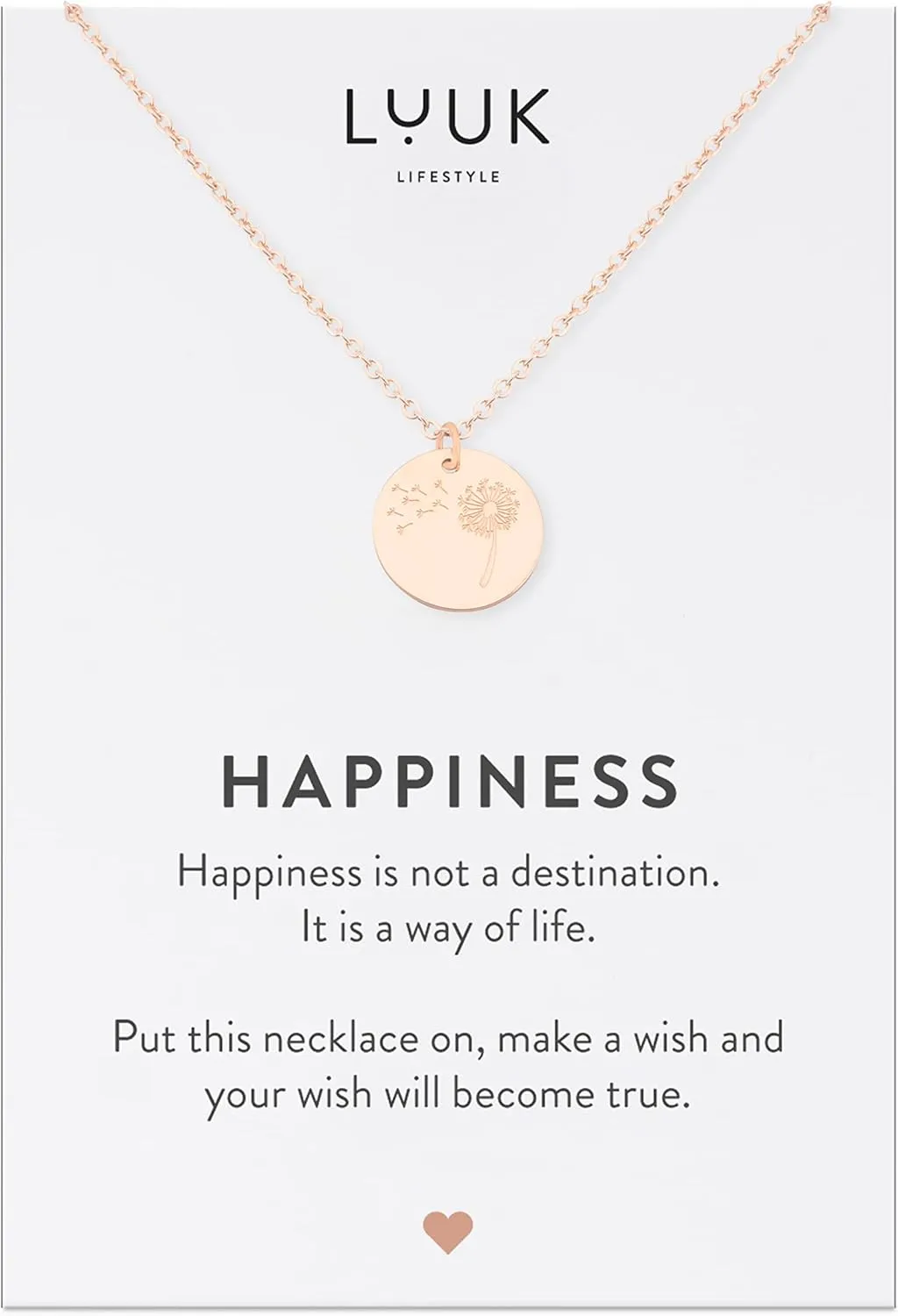 LUUK LIFESTYLE Stainless steel necklace with pendant and HAPPINESS card, 20 adjustable length, lucky charm, friendship chain, Valentine's Day gift, birthday, women's jewelry, silver, gold, rosegold