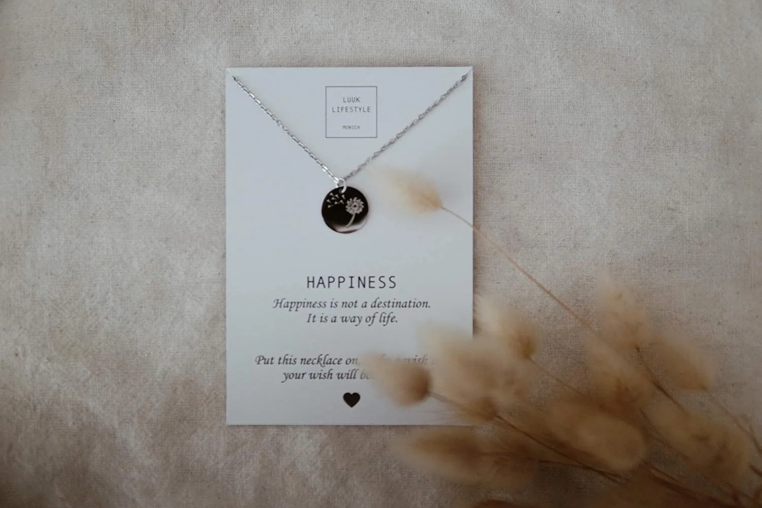 LUUK LIFESTYLE Stainless steel necklace with pendant and HAPPINESS card, 20 adjustable length, lucky charm, friendship chain, Valentine's Day gift, birthday, women's jewelry, silver, gold, rosegold