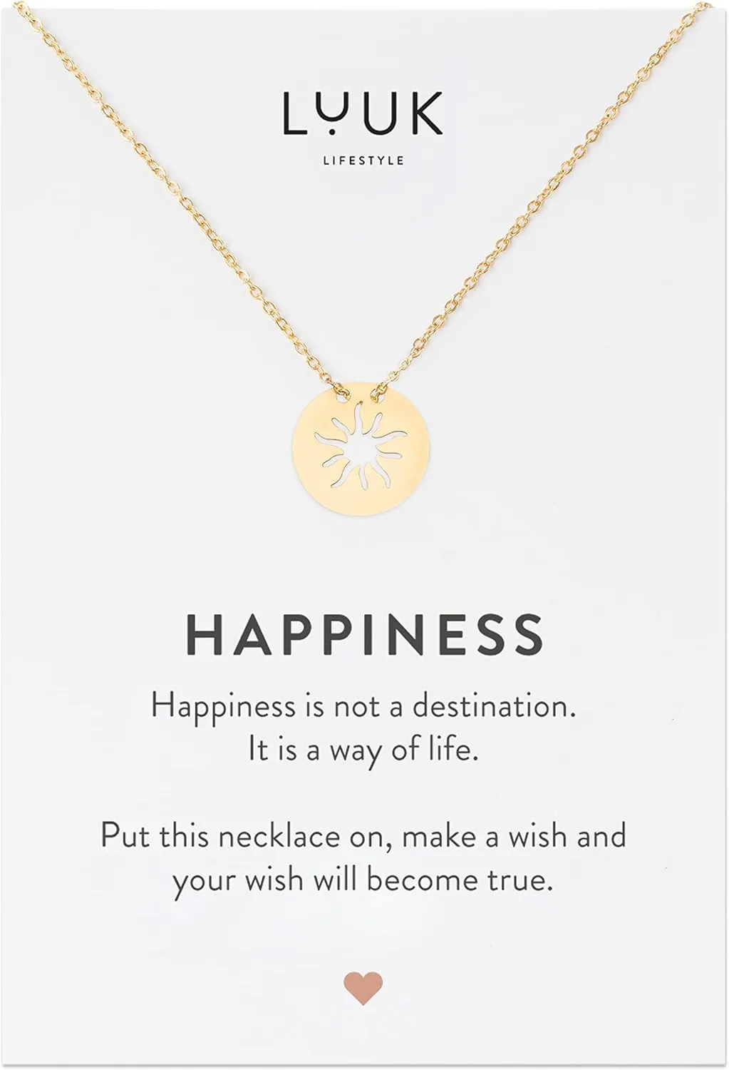 LUUK LIFESTYLE Stainless steel necklaces for women with pendant, trendy jewelry card with Happiness saying, lucky charm, friendship gift, women's jewellery, trendy gift idea for her, silver, gold and rose