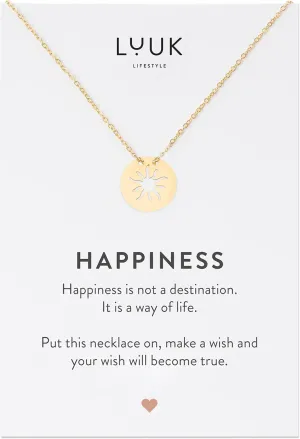 LUUK LIFESTYLE Stainless steel necklaces for women with pendant, trendy jewelry card with Happiness saying, lucky charm, friendship gift, women's jewellery, trendy gift idea for her, silver, gold and rose
