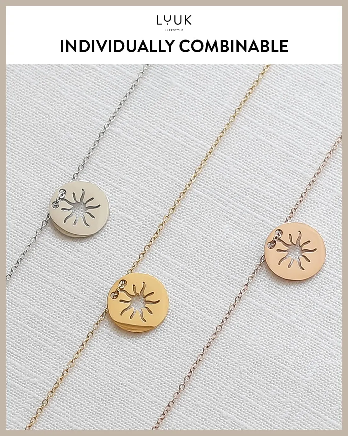 LUUK LIFESTYLE Stainless steel necklaces for women with pendant, trendy jewelry card with Happiness saying, lucky charm, friendship gift, women's jewellery, trendy gift idea for her, silver, gold and rose