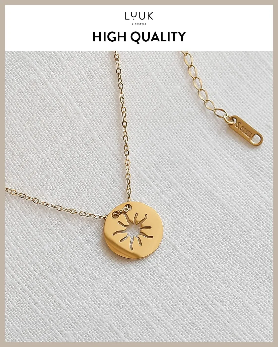 LUUK LIFESTYLE Stainless steel necklaces for women with pendant, trendy jewelry card with Happiness saying, lucky charm, friendship gift, women's jewellery, trendy gift idea for her, silver, gold and rose