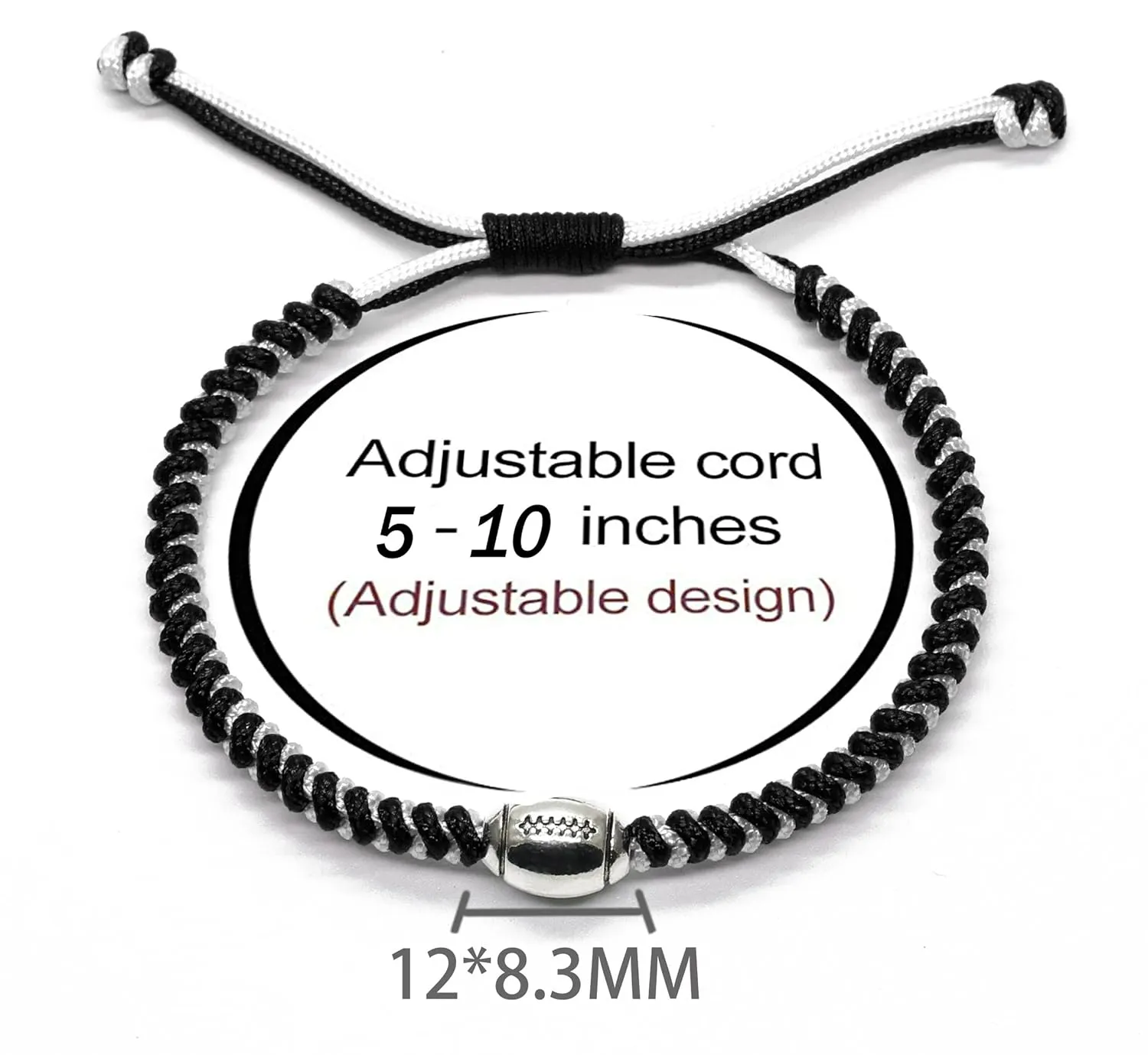 MANYC Football Bracelets For Boys Girls Mens Womens Adjustable Unisex Football Charm Bracelet Weaved Bracelet String Football Charm Football Gifts (Blackwhite 2PCS)