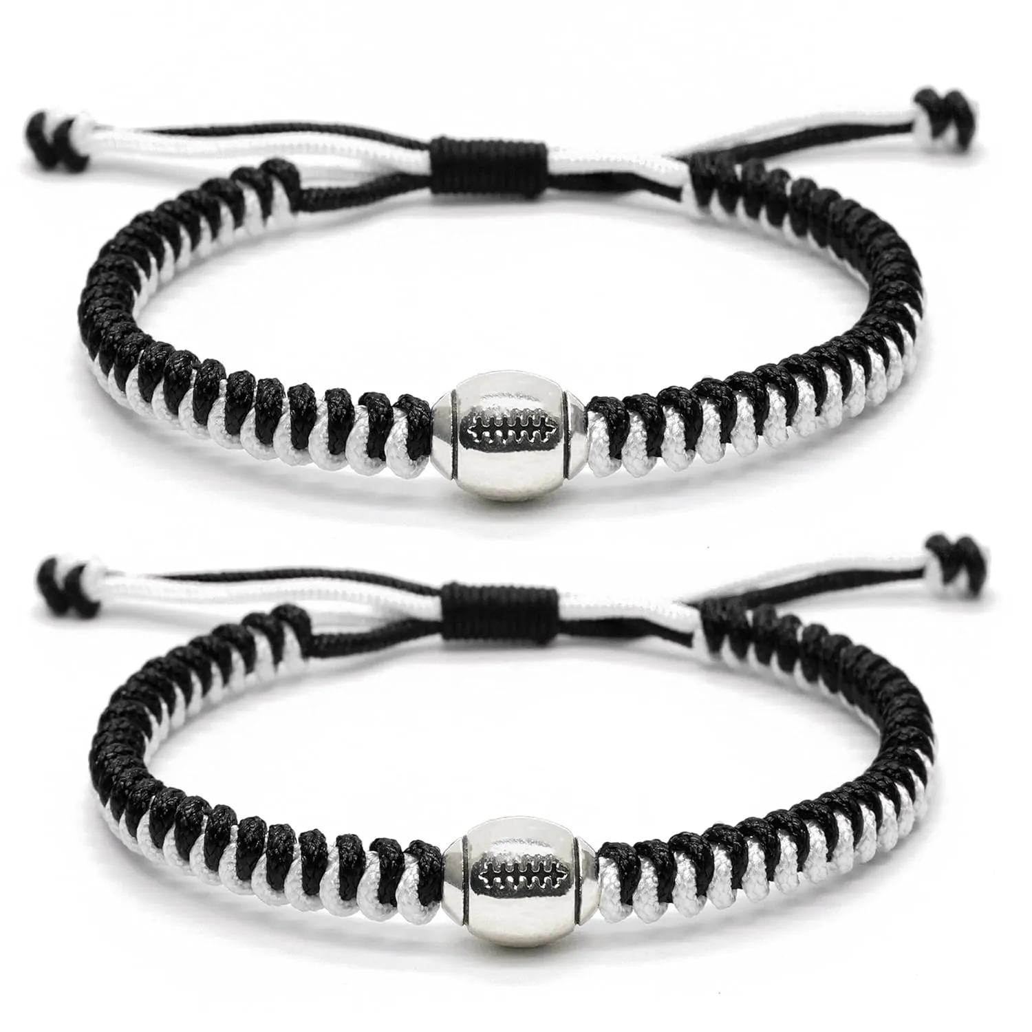 MANYC Football Bracelets For Boys Girls Mens Womens Adjustable Unisex Football Charm Bracelet Weaved Bracelet String Football Charm Football Gifts (Blackwhite 2PCS)