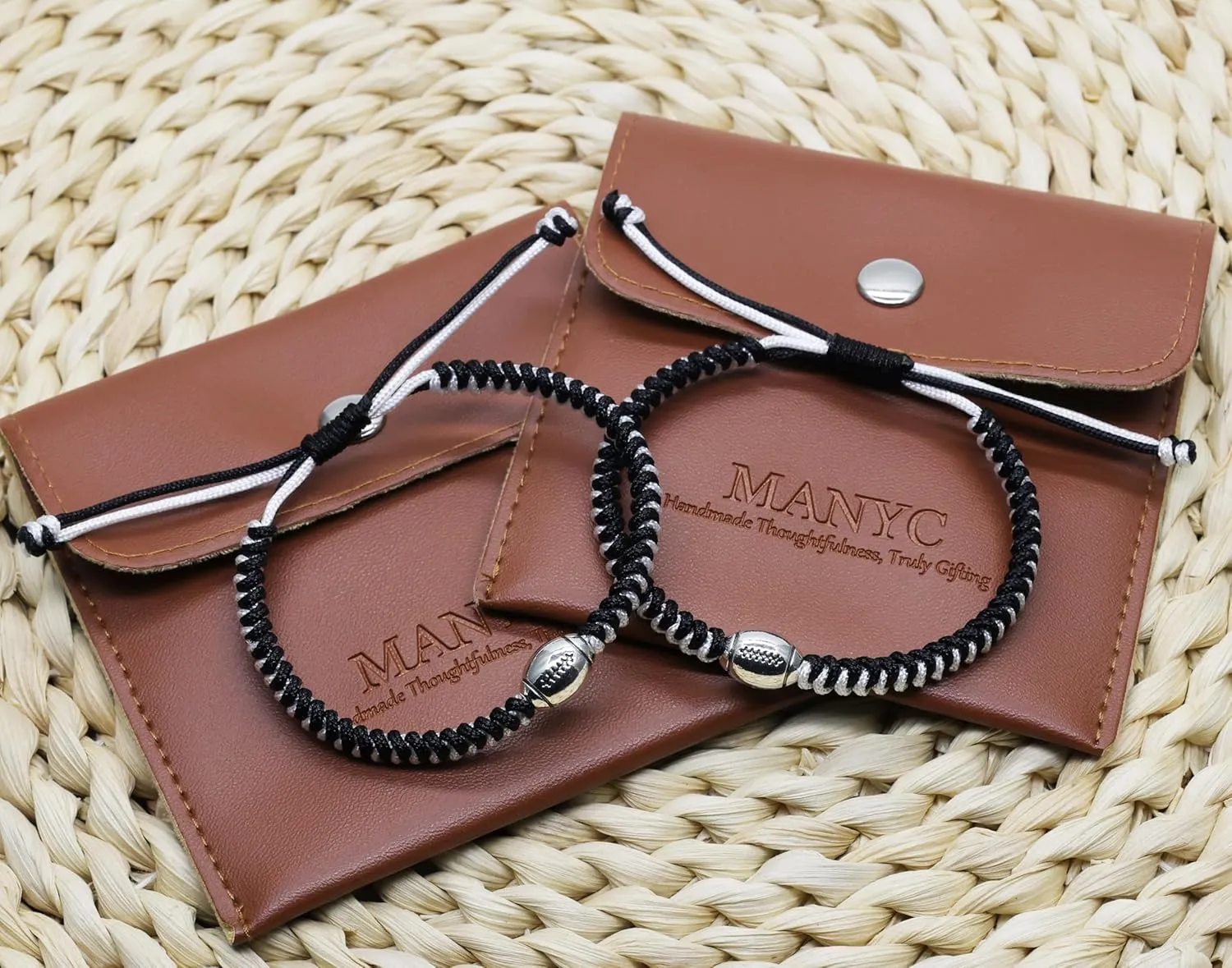 MANYC Football Bracelets For Boys Girls Mens Womens Adjustable Unisex Football Charm Bracelet Weaved Bracelet String Football Charm Football Gifts (Blackwhite 2PCS)