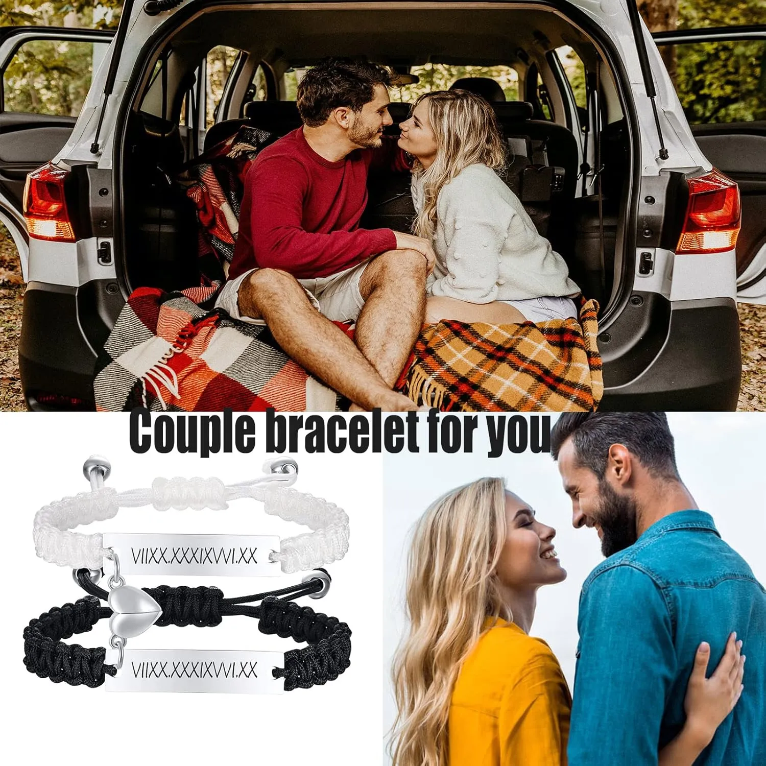 Matching Bracelets for Him and Her - Long Distance Couple Bracelet,Hypoallergenic Stainless Steel Engraved Relationship Bracelet,Trendy Adjustable Couples Jewelry,Christmas Birthday Gifts for Couple