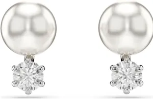 Matrix stud earrings Crystal pearl, Round cut, White, Rhodium plated