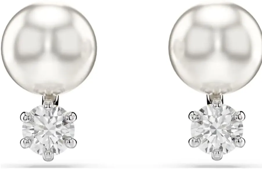 Matrix stud earrings Crystal pearl, Round cut, White, Rhodium plated