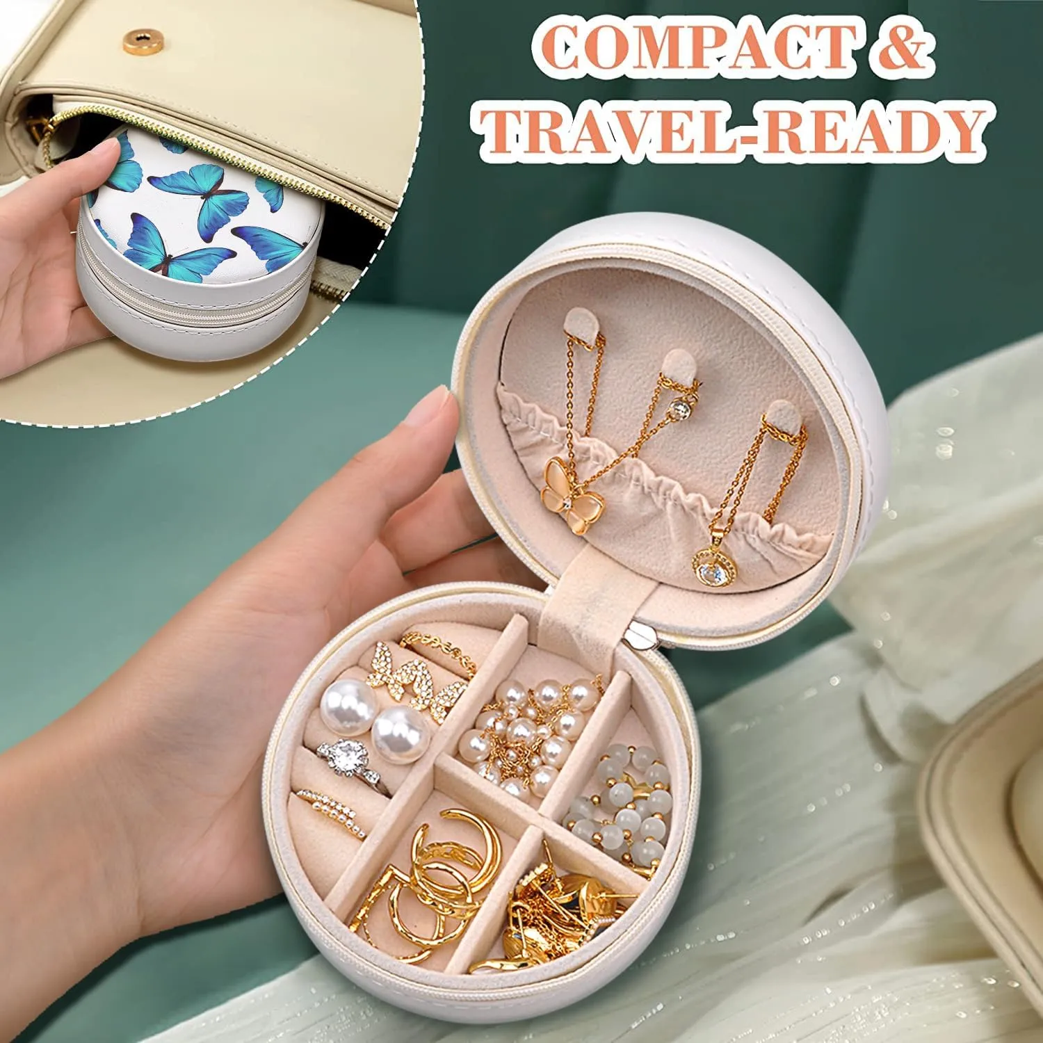 MAYCARI Small Portable Travel Jewelery Box, Cute Blue Butterfly Pattern Mini Leather Jewelery Box Organiser for Rings Earrings Necklace Bracelets Jewelry Gift for Women Girls Kids