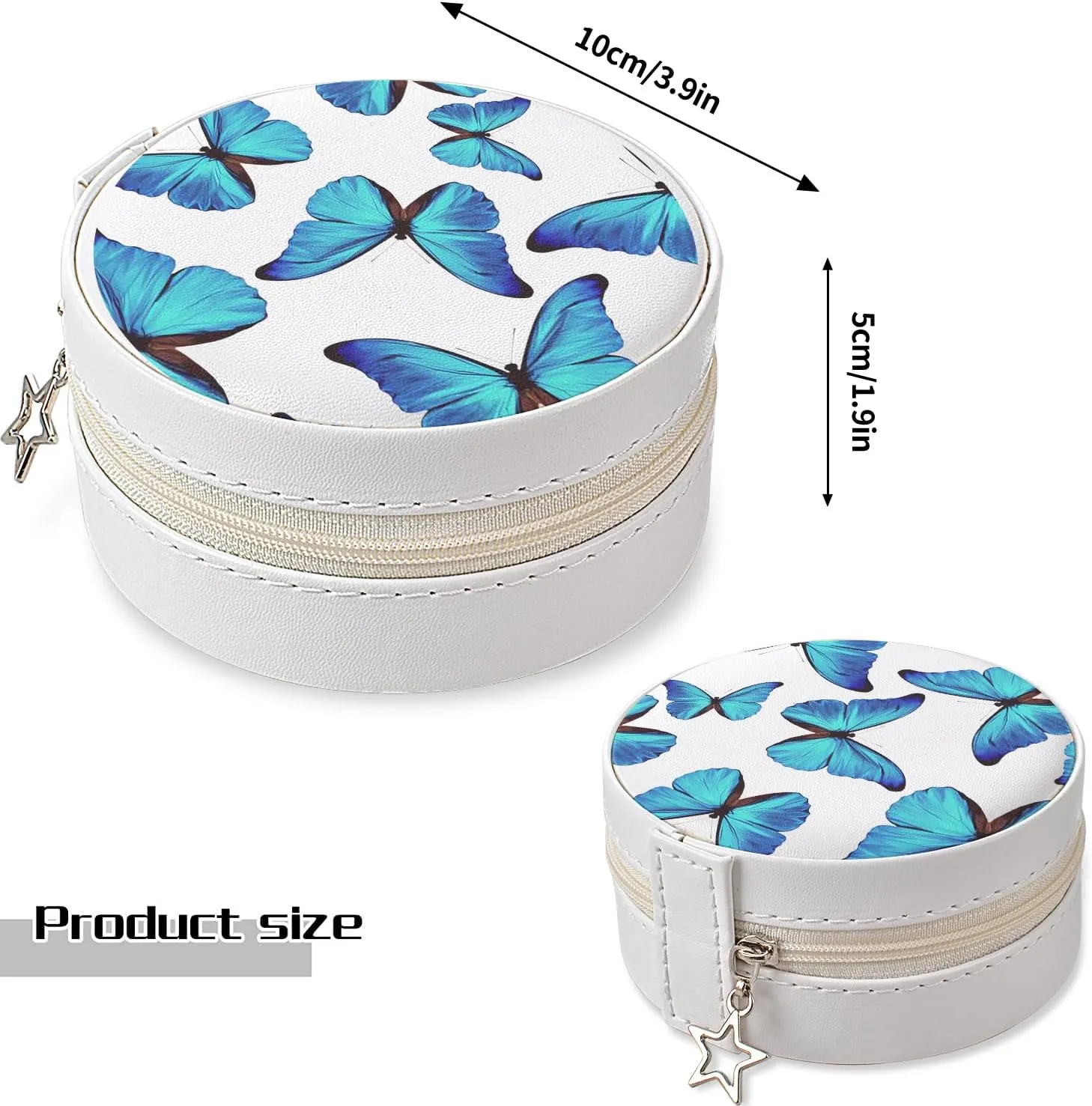 MAYCARI Small Portable Travel Jewelery Box, Cute Blue Butterfly Pattern Mini Leather Jewelery Box Organiser for Rings Earrings Necklace Bracelets Jewelry Gift for Women Girls Kids