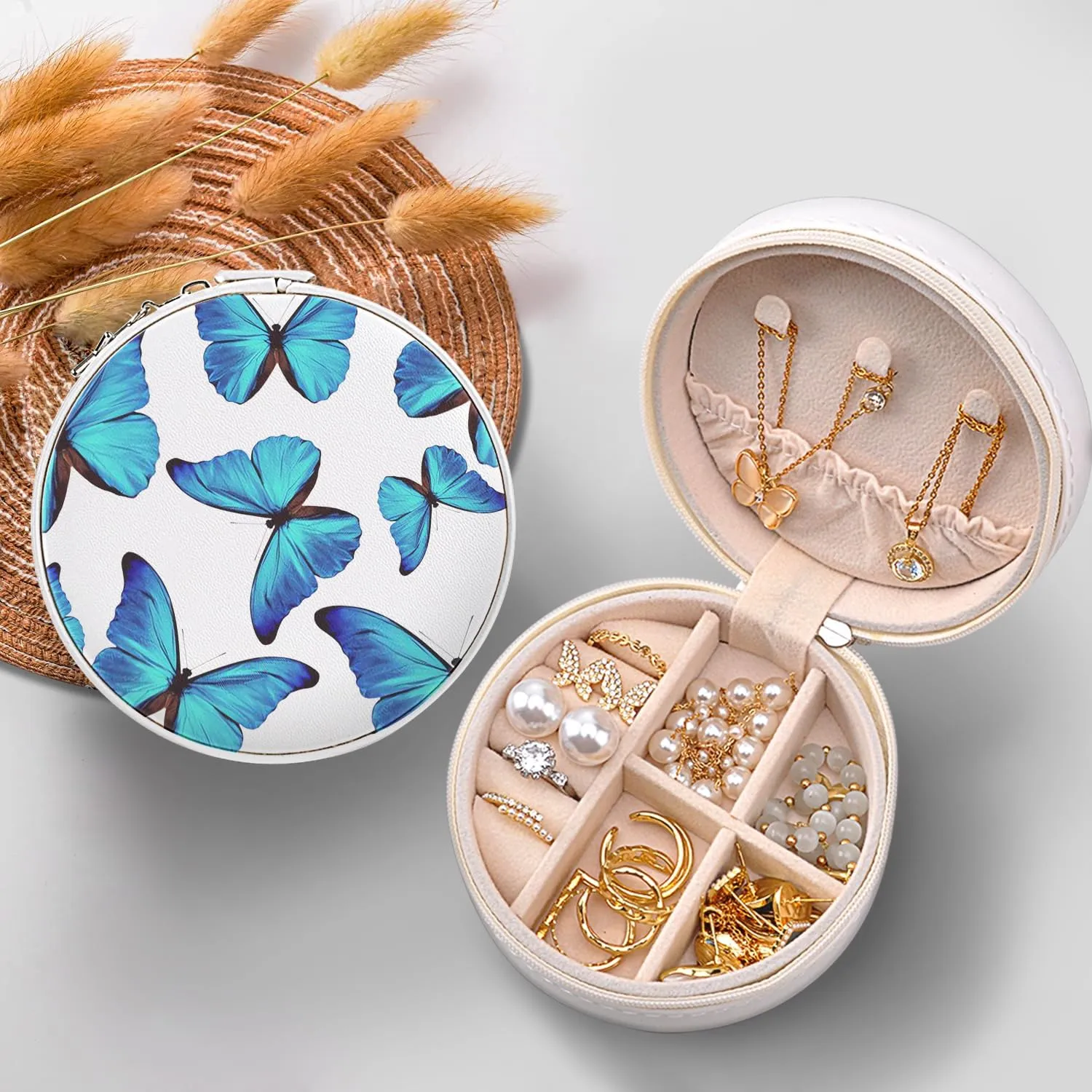 MAYCARI Small Portable Travel Jewelery Box, Cute Blue Butterfly Pattern Mini Leather Jewelery Box Organiser for Rings Earrings Necklace Bracelets Jewelry Gift for Women Girls Kids