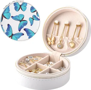 MAYCARI Small Portable Travel Jewelery Box, Cute Blue Butterfly Pattern Mini Leather Jewelery Box Organiser for Rings Earrings Necklace Bracelets Jewelry Gift for Women Girls Kids