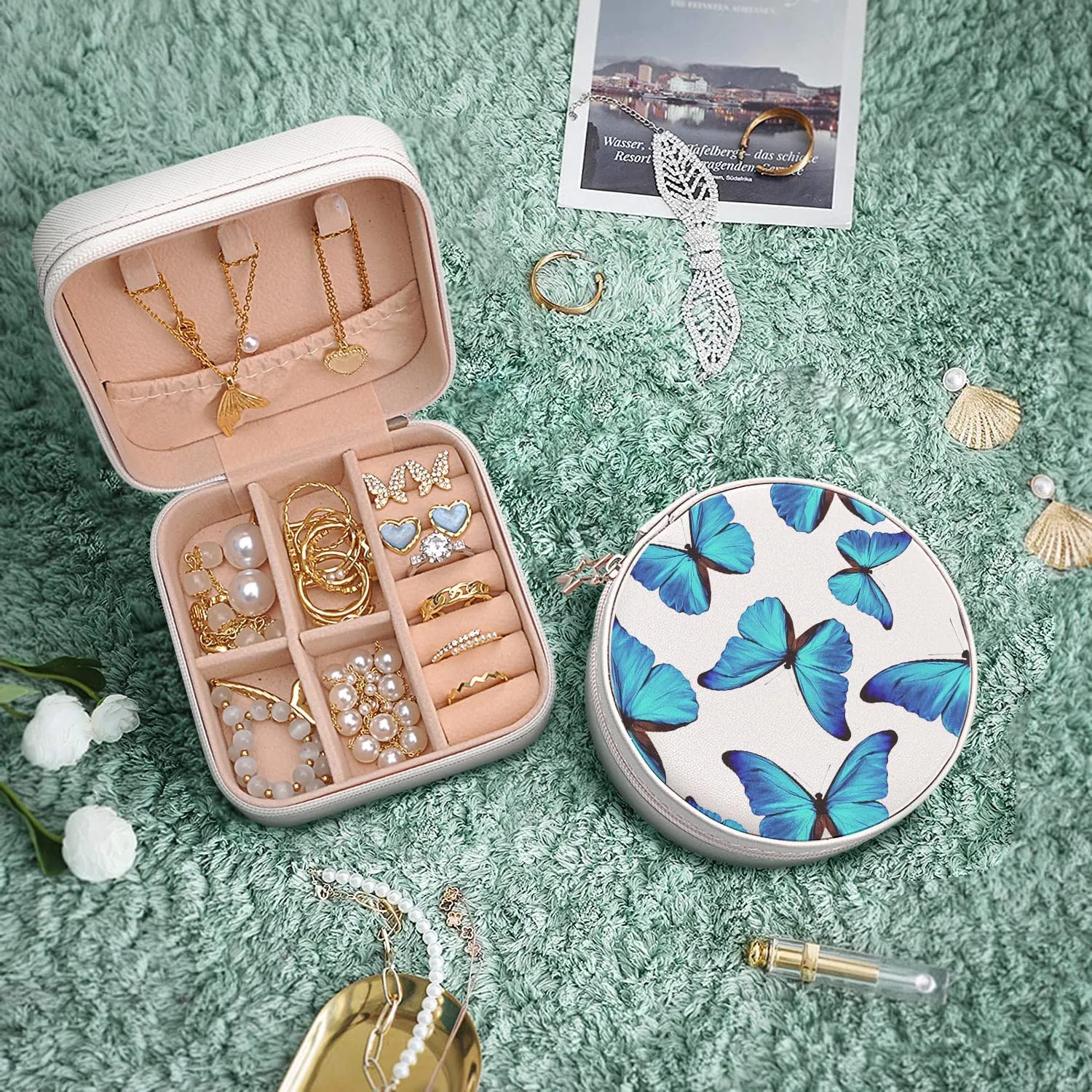 MAYCARI Small Portable Travel Jewelery Box, Cute Blue Butterfly Pattern Mini Leather Jewelery Box Organiser for Rings Earrings Necklace Bracelets Jewelry Gift for Women Girls Kids